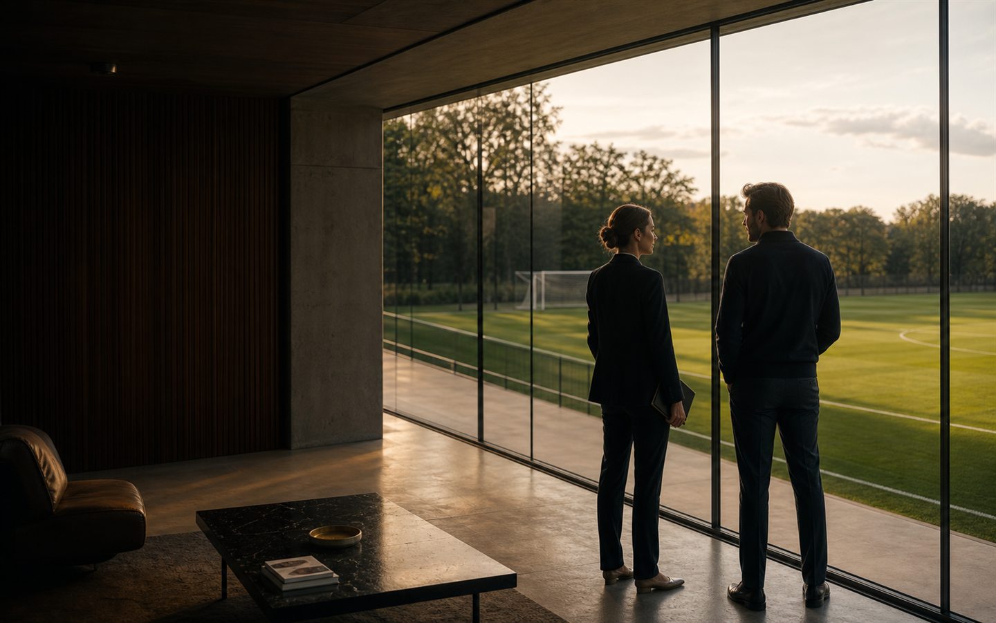 Voetbalprofessionals overleggen met zicht op een professionele trainingsaccommodatie
