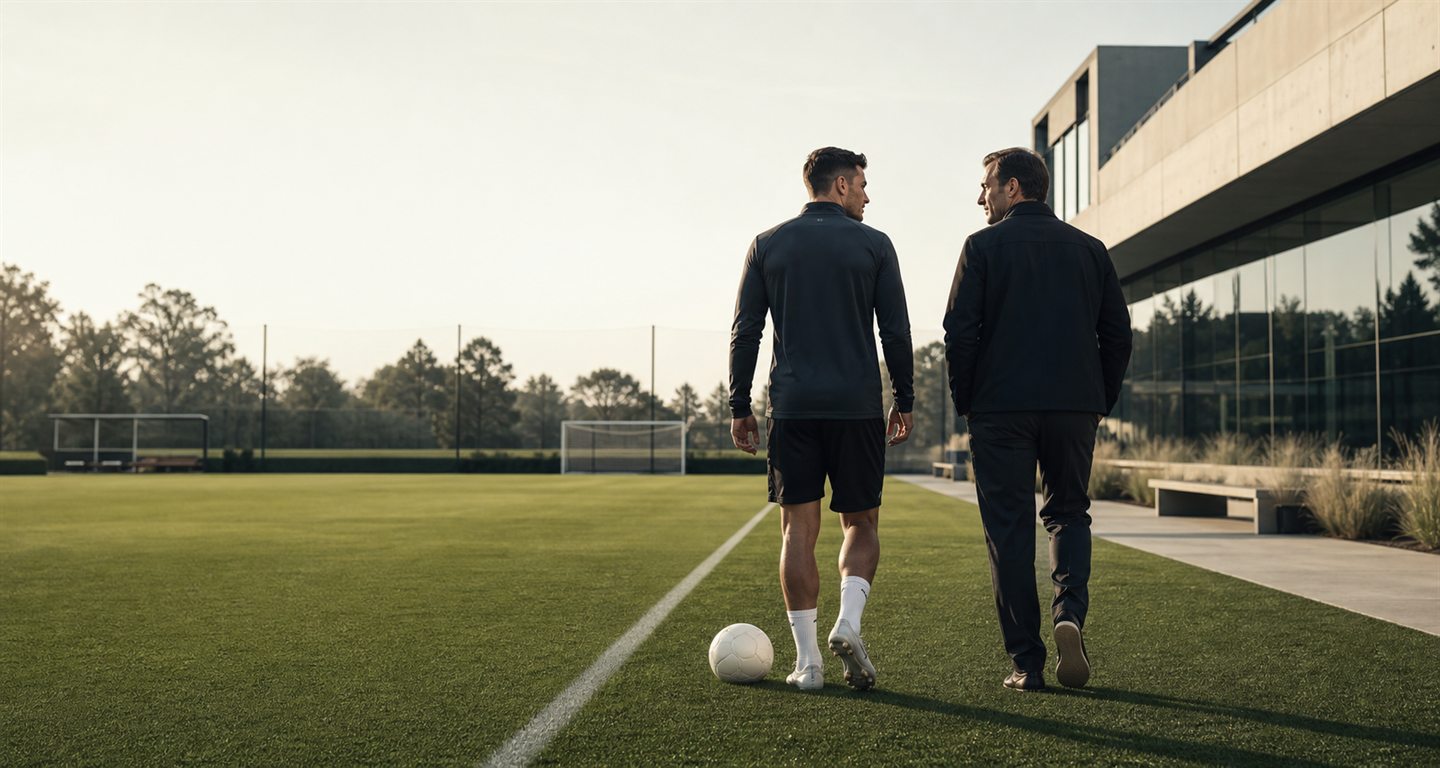 Voetballer en adviseur in gesprek bij een professionele trainingsaccommodatie