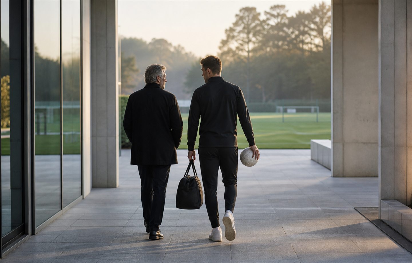 Voetballer en mentor arriveren bij een professionele trainingsaccommodatie